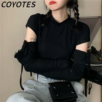 coyotes womens t shirts solid bandage long sleeve t shirt women o neck short tops spring korean slim thin fashion all match