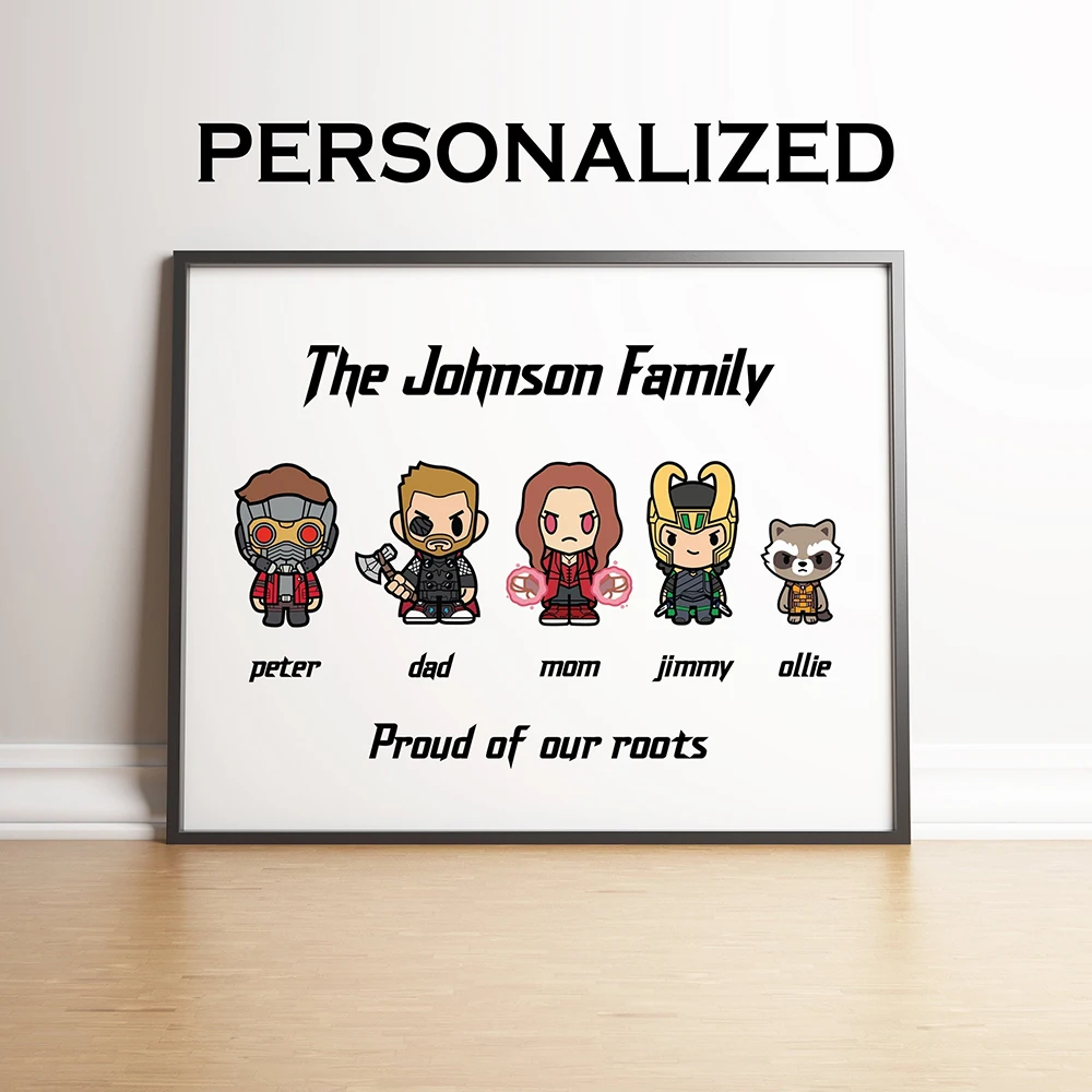 

Personalized Marvel Superhero Family Poster Cartoon Avengers Family Photo Custom Canvas Painting Living Room Home Decoration
