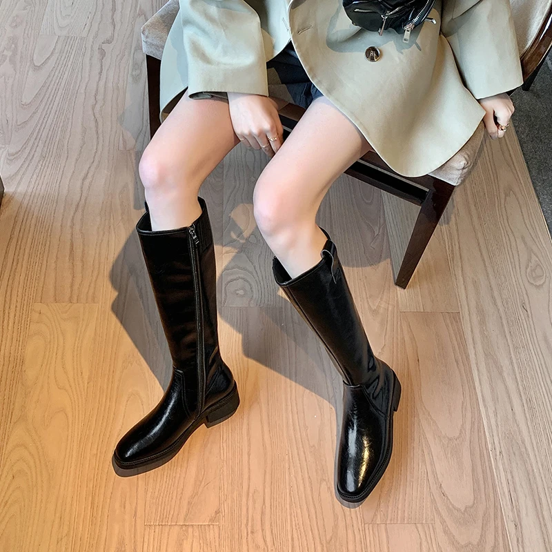 

Riding Boots Woman Antumn Winter Warm Genuine Leather Boots Party Basic Shoes Woman Side Zipper Square Toe High Boots