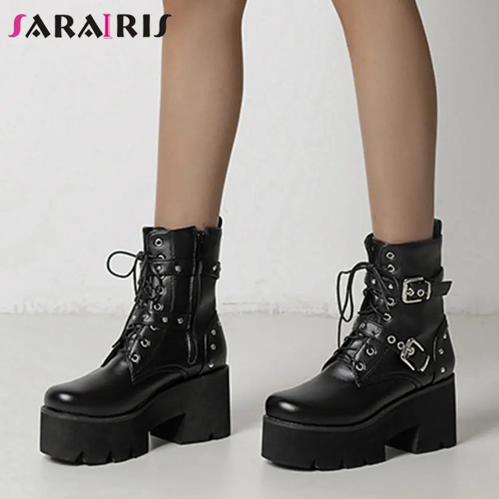 

SaraIris 2021 New Arrivals Black Zipper Lace Up Buckle Chunky Heel Platform Women Boots Punk Goth Designer Casual Comfy Shoes