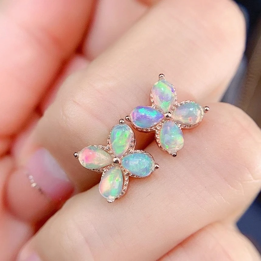 

Elegant lucky Clover natural Multicolor opal stud earrings Natural gemstone earrings S925 silver women party gift jewelry