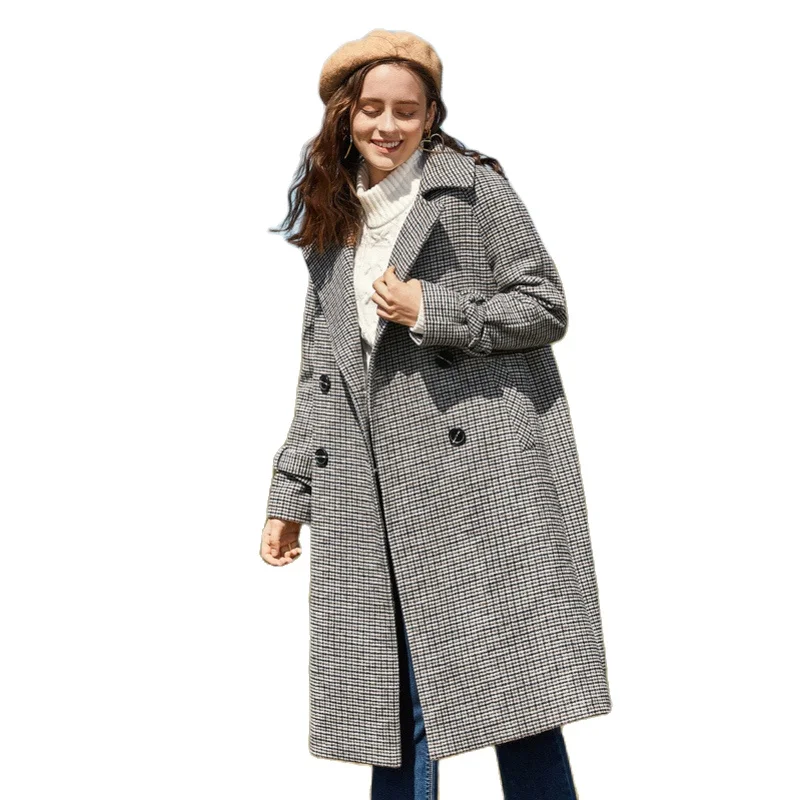 

SEMIR Women Wool Coat Overcoat Women Long Double-Breasted Trench Coat Adjustable Tab at Cuffs Windproof Chic Style Outwear