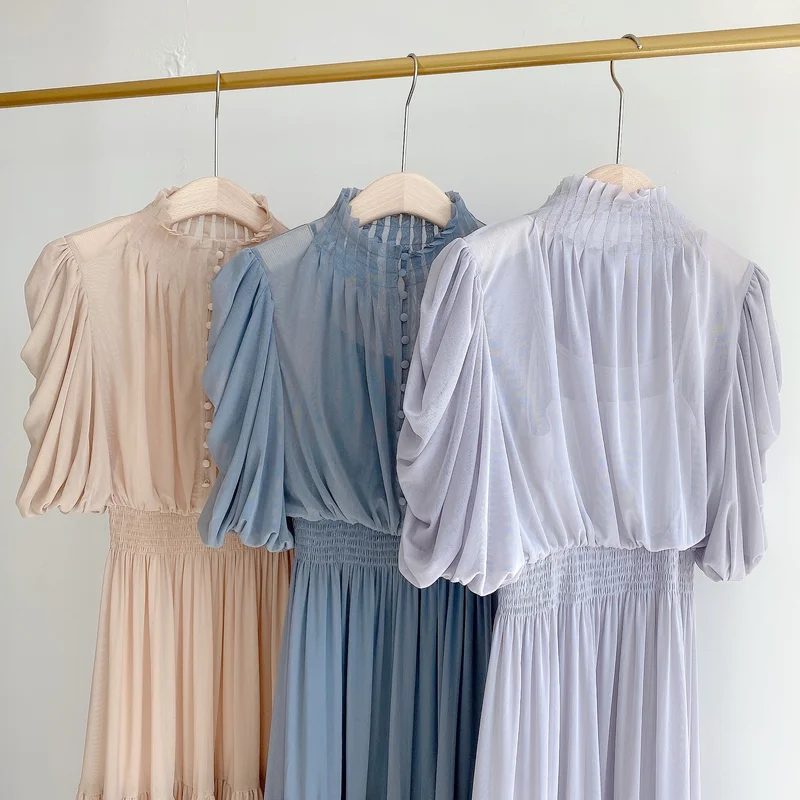 

Stand Collar Puff Sleeve Pleated Dress Spring Chic Button Design Women Dresses Japan Style Sweet Office Lady Slim Waist Robe
