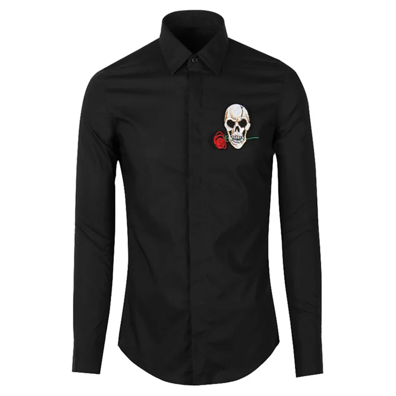 

New Nice Men Digital Embroidery Skull rose Fashion Cotton Casual Shirts Shirt high quality Pocket Long-sleeves S 2XL #D222