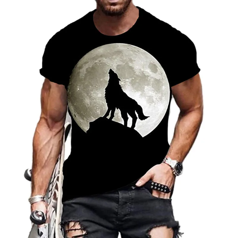 

Oversized Fashion Men's T-shirt 3D Printing Wolf Under the Moon Street Casual Round Neck Short-sleeved T-shirt 2021