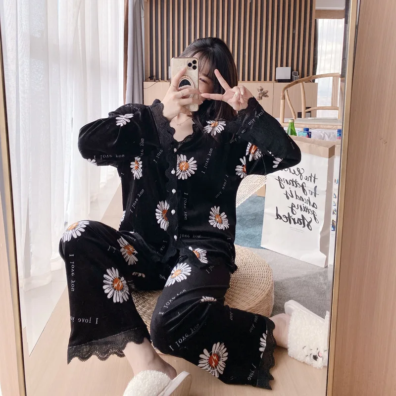 

Spring and autumn female pajamas suit cardigan sexy long sleeve lace of Korean version sweet and lovely home clothes two suits
