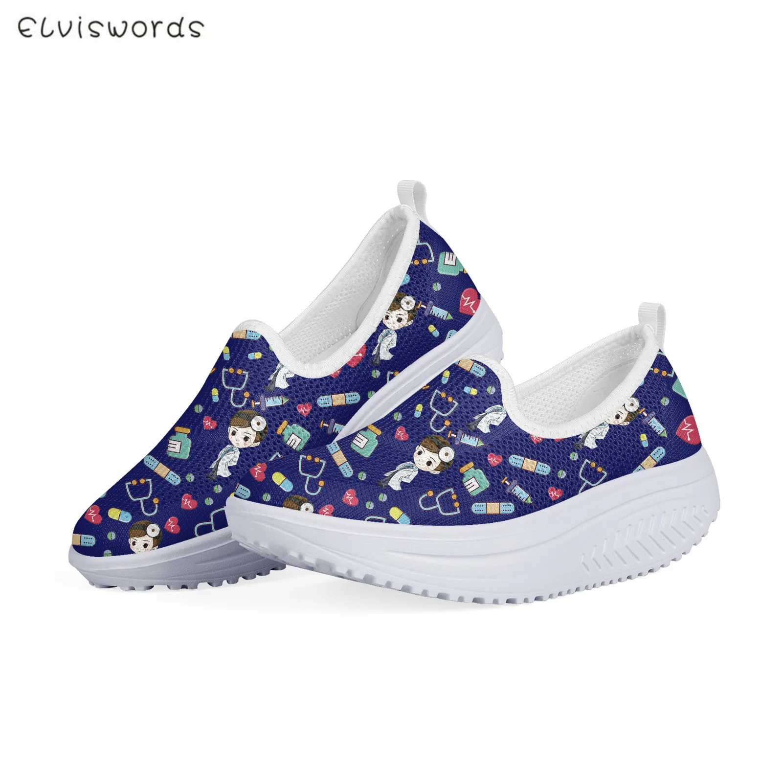 

ELVISWORDS Women Fashion Height Increasing Flat Shoes Cartoon Nurse Design Air Mesh Swing Shoe Casual Fitness Walking Sneaker