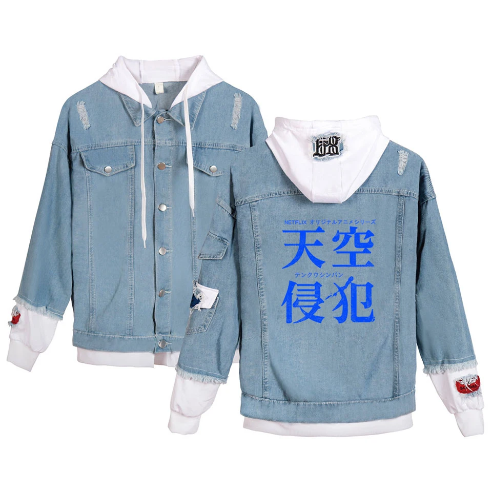 

2021 popular denim jacket men's clothing sky violation character print spring fashion boys and girls loose hooded jacket