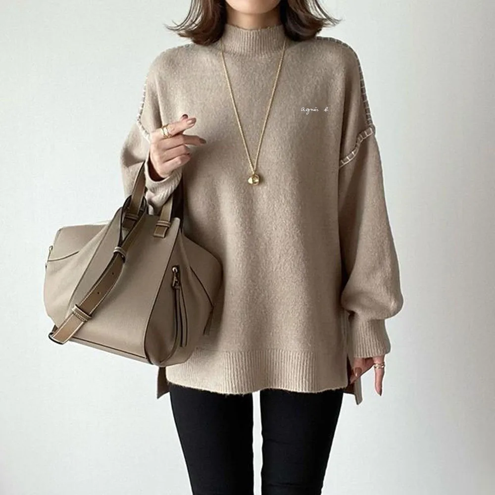 Winter Women Pullovers 2021 Khaki Turtleneck Mid-Length Patchwork Moderate Sweater Office Lady Casual Top Autumn Female Clothing