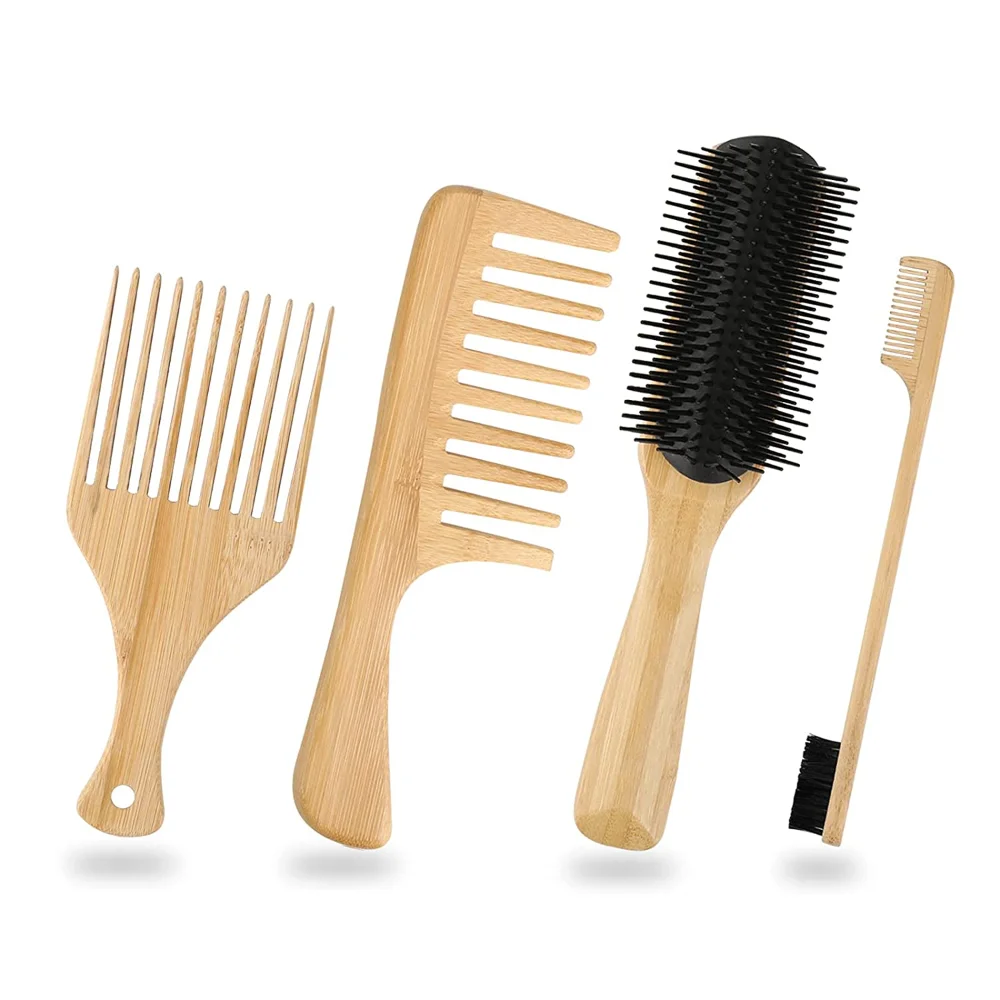 

4 in 1 Wooden Comb for Men Women Bamboo Hairbrush Set with 9-Row Cushion Bristle Bamboo Wide Tooth Comb Wood Hair Pick Comb