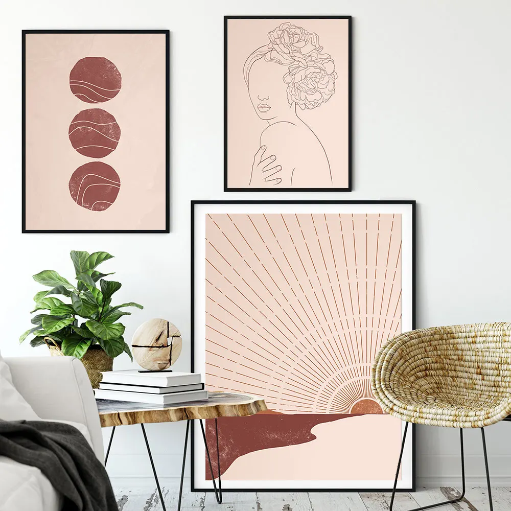 

Woman Fine Line Art Print Abstract Geometric Canvas Posters Sun Illustration Wall Art Picture Home Decoration For Living Room