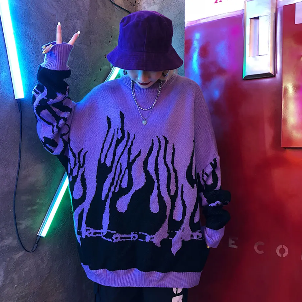 

Spring Autumn Harajuku Flame Knitting Sweater Korean Batwing Sleeve Loose Sweater Casual Boyfriend Oversized Pullovers Outfits