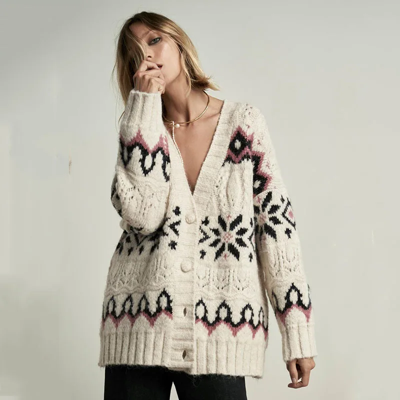 

TEELYNN Long Sleeve Boho Ethnic Knitted Jacquard Jumper Pull Sweaters 2021 Oversize Loose Women Long Sweater Cardigans Warm Coat