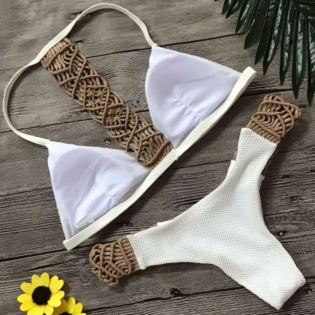 

Swimsuit Women 2 Piece Set Hand Knitted White Bikini Thong V Waist Bud silk Beach Casual Swimwear Designer Bra and Panty