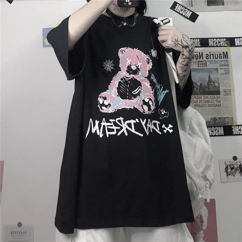 

GOOHOJIO 2020 New Bear Tshirts Harajuku Vintage Short-sleeved Tshirt Summer Cartoon Letters Print Loose O-neck T-shirt for Women
