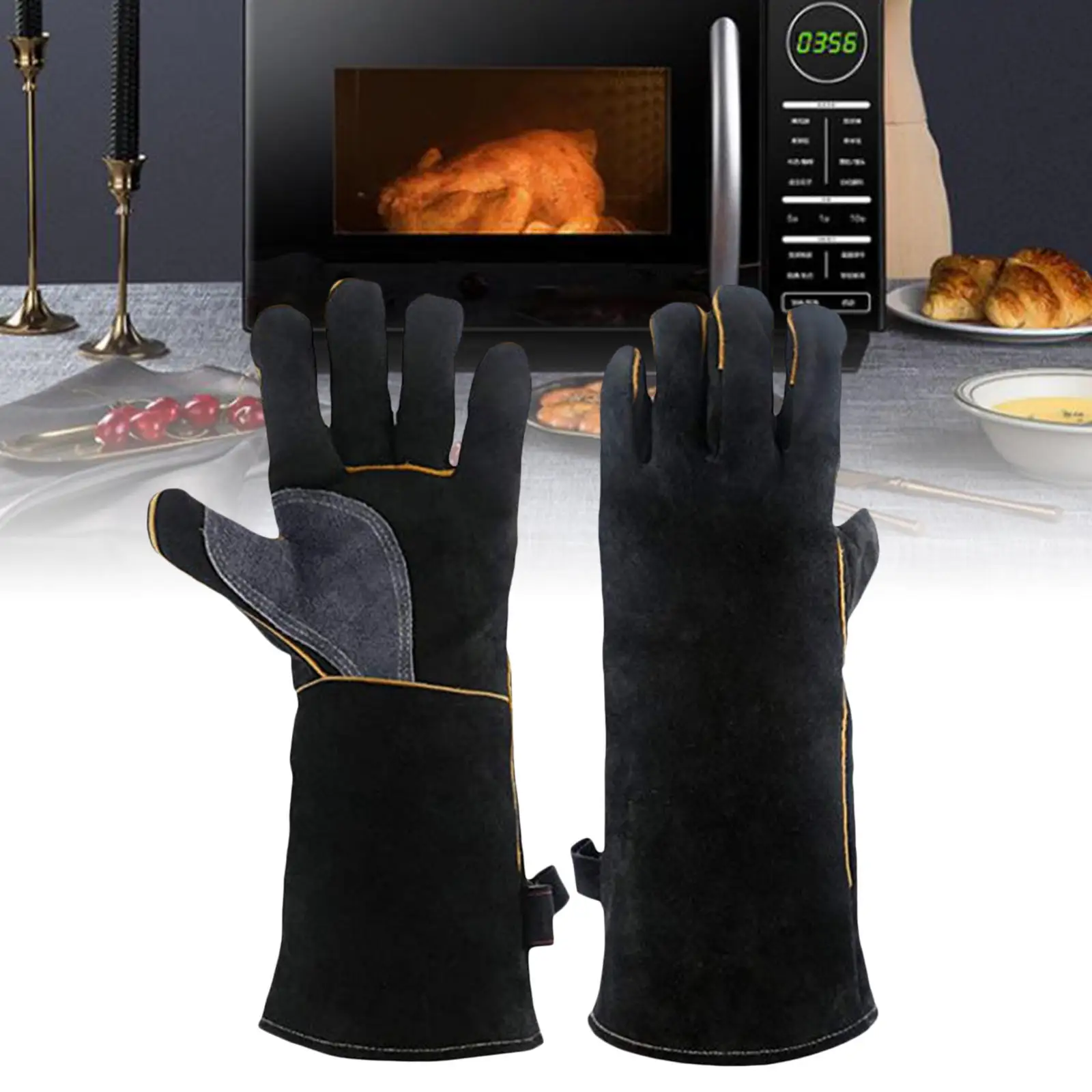 

Heat Resistant BBQ Gloves 16" Leather Professional Anti-Slip Fireproof Oven Mitts for Stove Fireplace Cooking Furnace Pot Holder