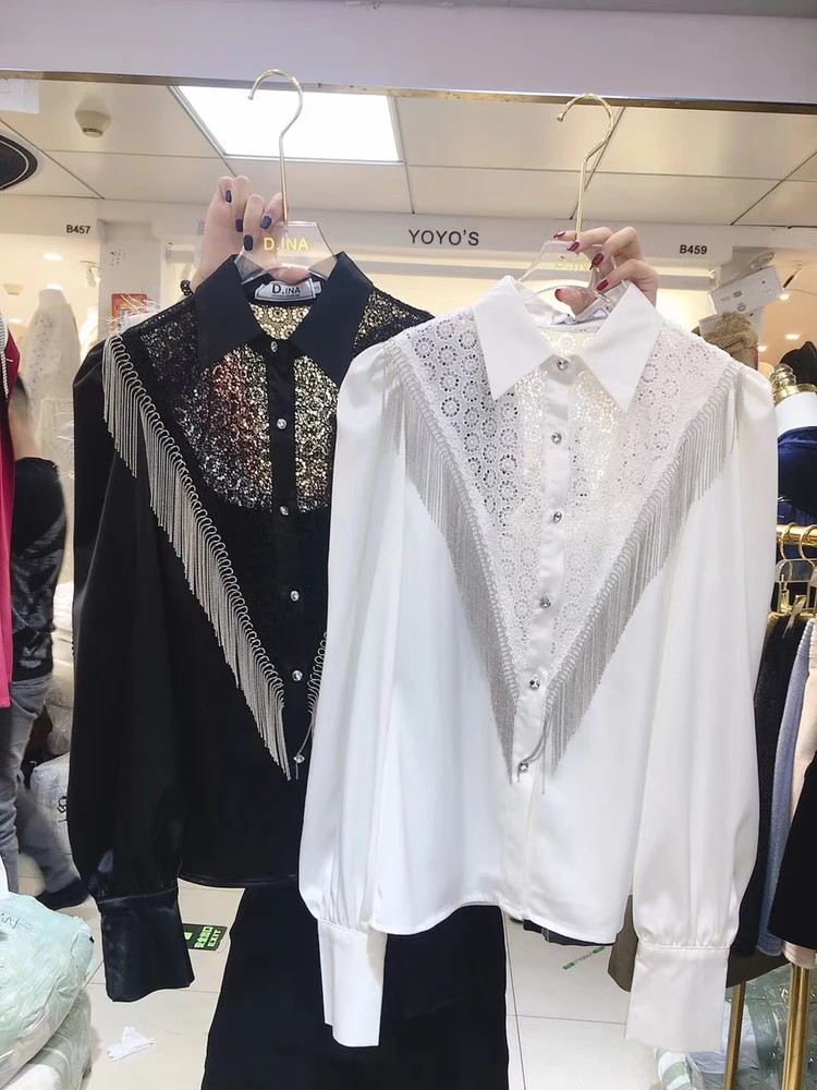 Ladies Fashion Shirt Lace Patchwork Tassel Chain Lantern Sleeve Top Vintage Design Single-Breasted Turn-Down Collar Women | Женская