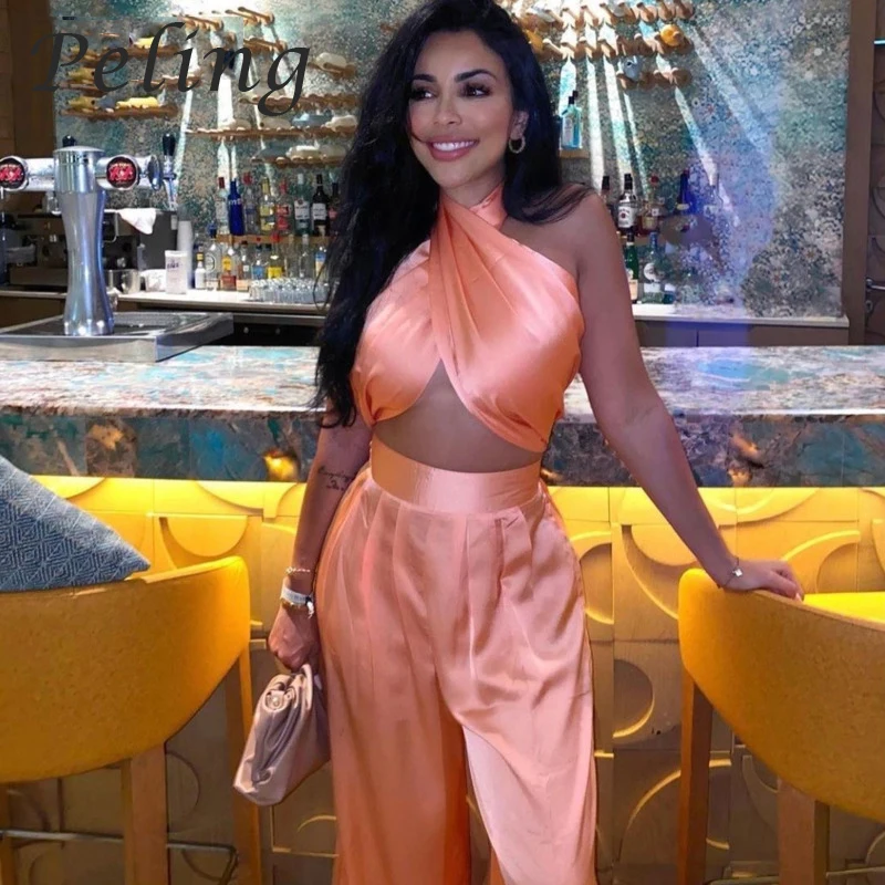 

Peling Halter Summer Sexy Women Jumpsuit Hollow Out Silk Satin Solid Wide Pant Romper Elegant Outfit Party Wear Women Jumpsuit