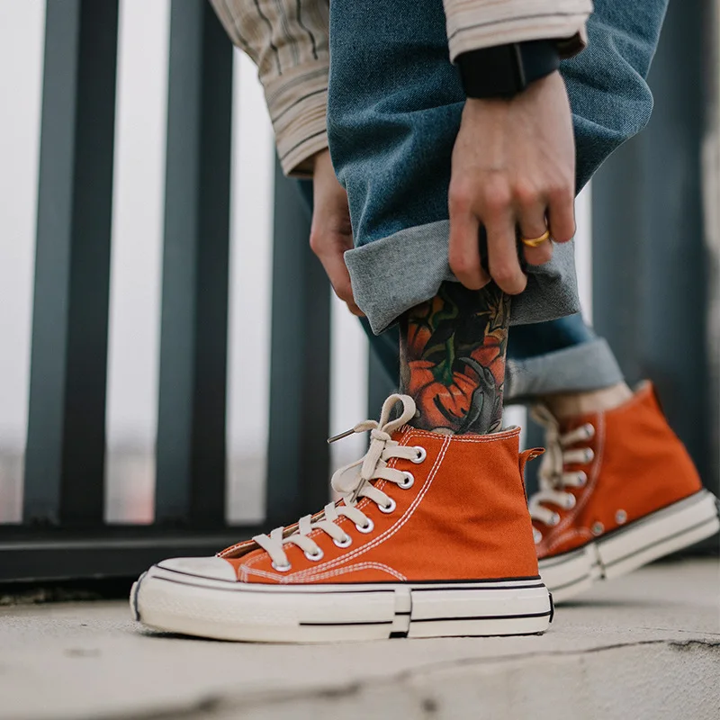 

New brand Men Fashion High Top canvas shoes casual flats lovers shallow breathable sneakers Male lace up Thick Sole shoes B402