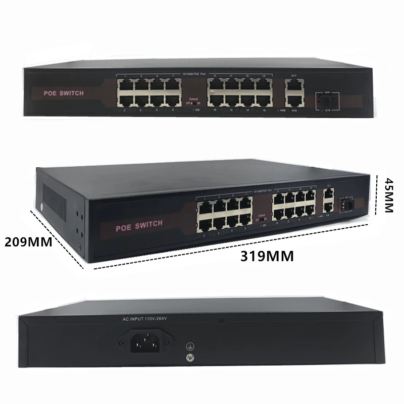 Коммутатор 48 В Ethernet POE с 16(100 м) + 2(1000 1SFP-портом IEEE 802 3 af/at подходит для