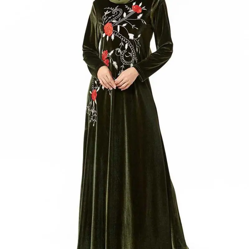 

Dubai Muslim Fashion Oversized Size Ladies Arabian Dress Gold Velvet Embroidery Casual Long Dress With Turban For Women Robe