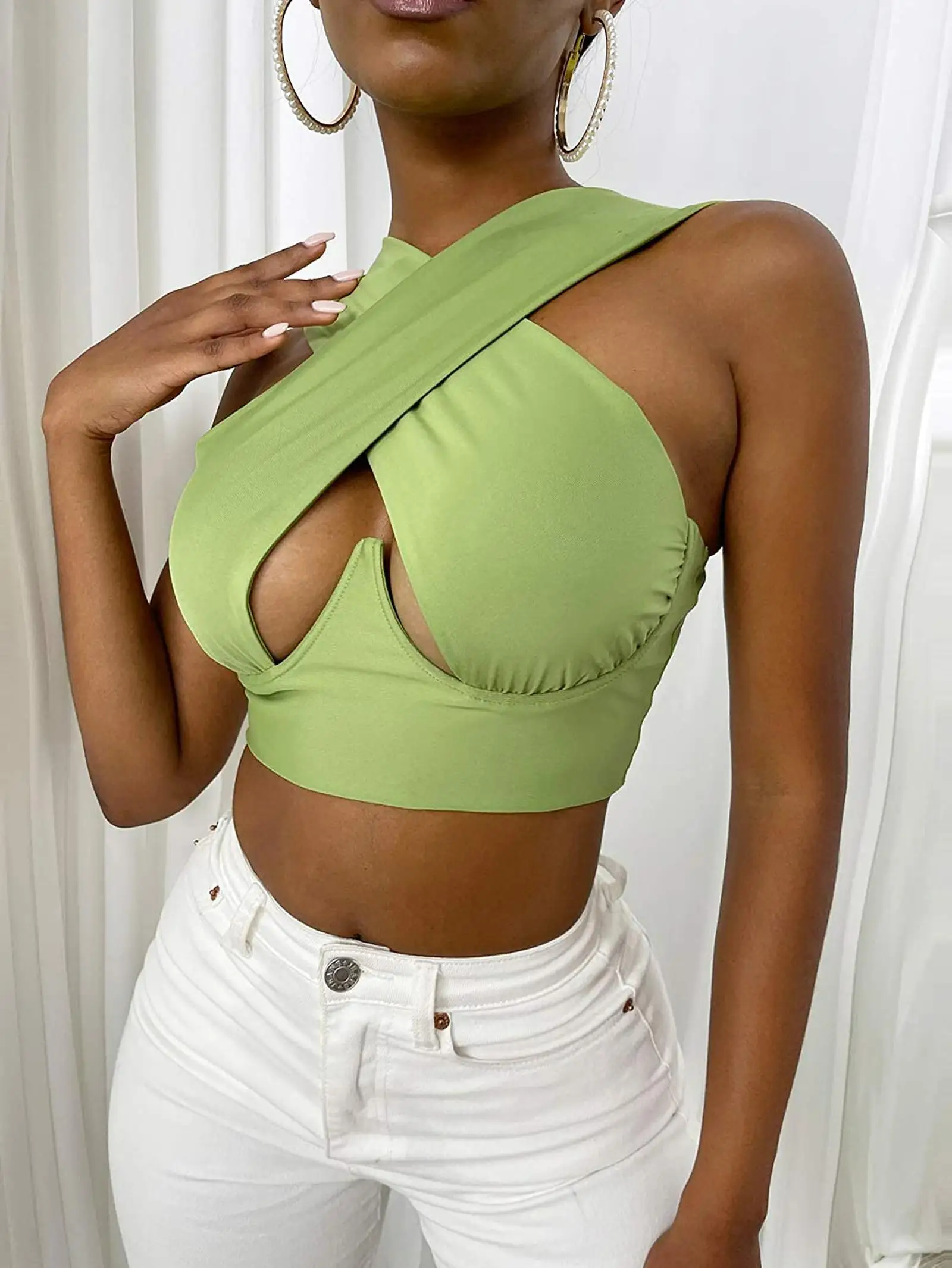 Women's Criss Cross Tank Tops  Sleeveless Solid Color Cutout Front Crop Tops Party Club Streetwear Summer Lady Bustier Tops