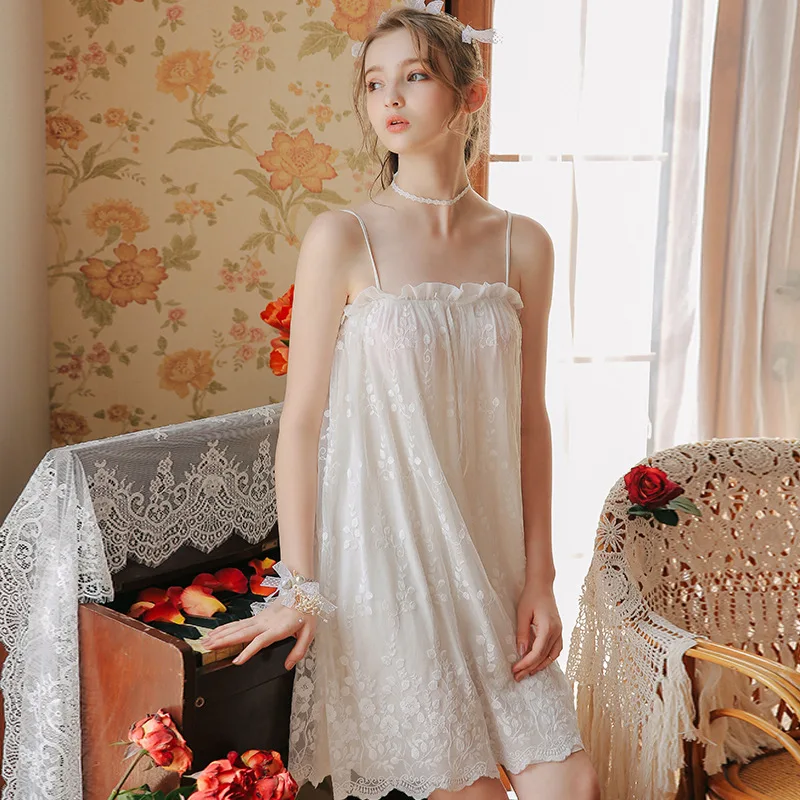 

Women's Summer Soft Lace Mesh Sexy Princess Nightdress Sleeveless Spaghetti Strap Wavy Night Dress White Sleepwear Nightwear
