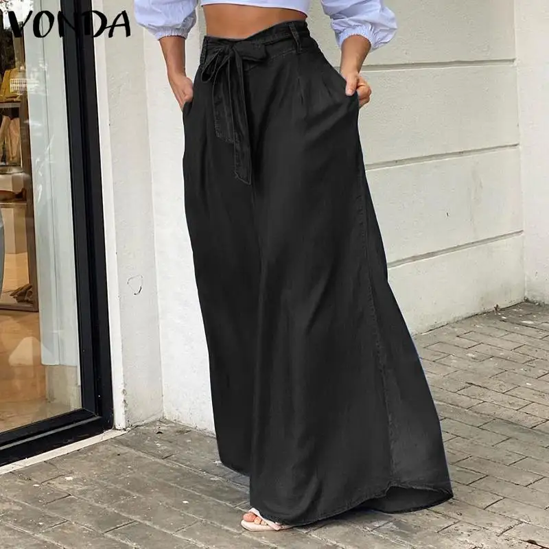 VONDA 2022 Autumn Women High Waist Long Pants Fashion Palazzo Casual Belted Loose Solid Party Streetwear Pantalon Femme Oversize - купить по