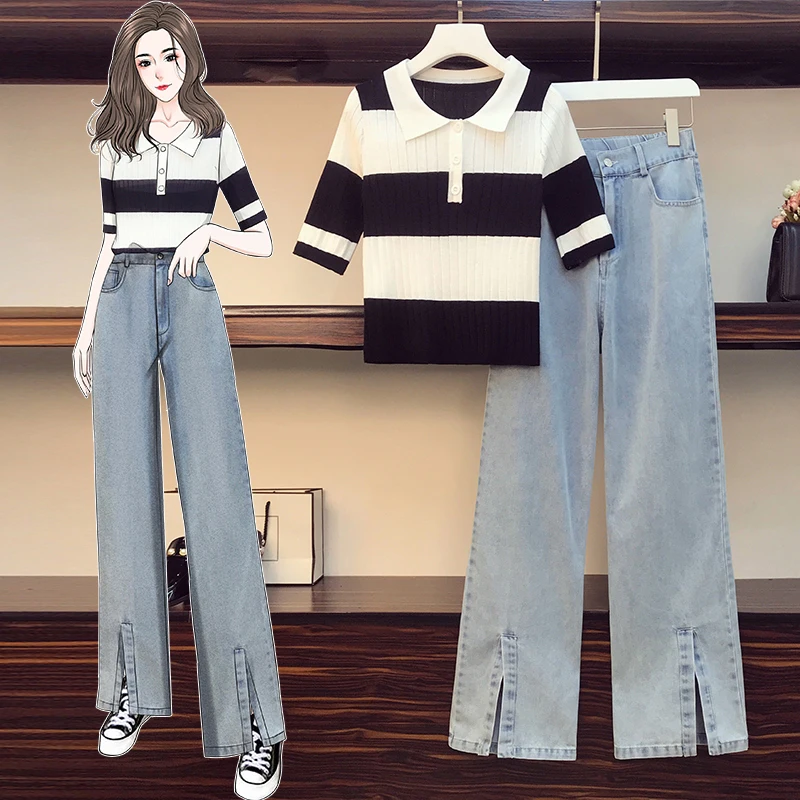 

women's Clothing suit 2022 spring autumn new fashion slim stripe knit top + denim cropped pants two-piece suit female 90a