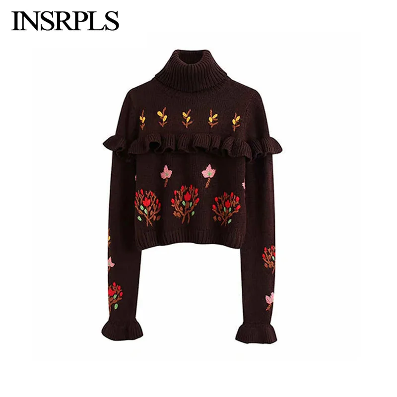 INSRPLS женский винтажный милый укороченный вязаный свитер с рюшами и вышивкой