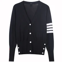 2021 spring new casual women cardigan long sleeved v neck contrast striped thin sweater loose knit cardigans coats