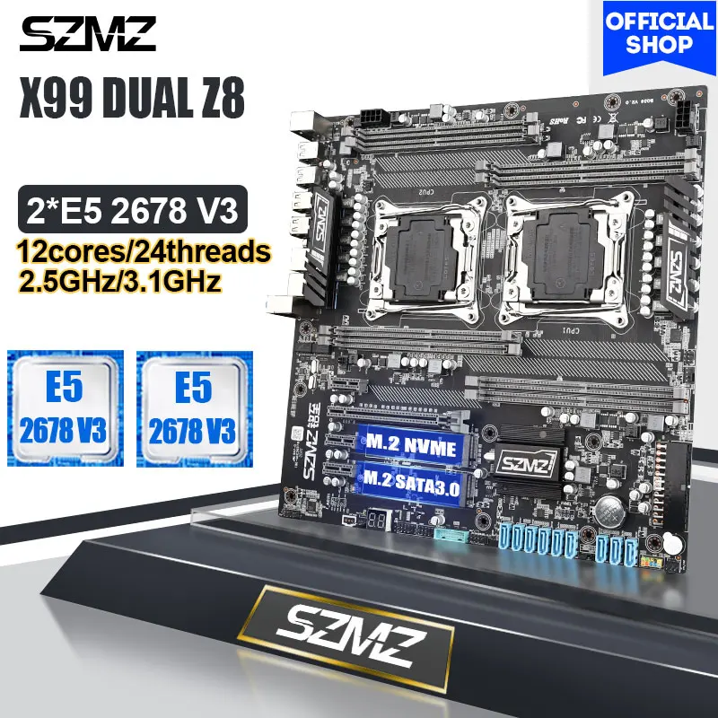 

SZMZ X99 Dual CPU Socket LGA 2011-3 Motherboard Set With 2pcs Xeon E5 2678V3 2678 V3 Mainmoard Combo Kit