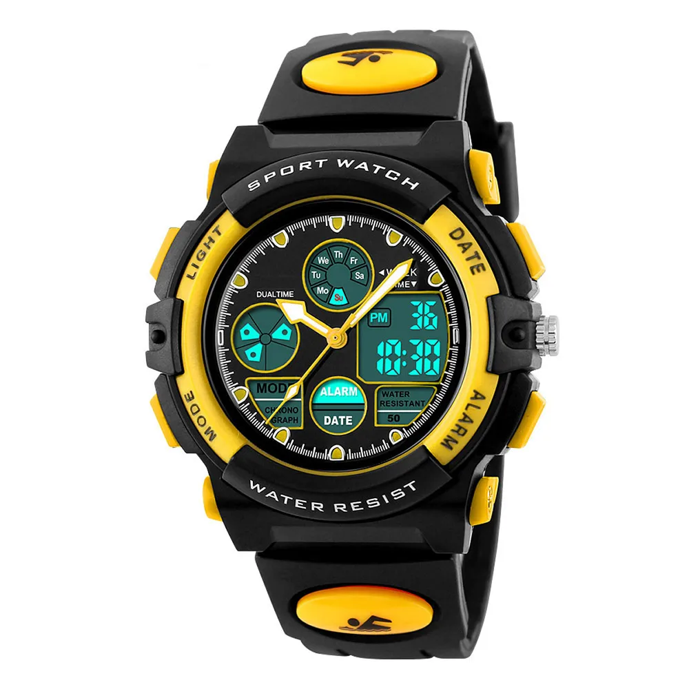 Yellow Watch Детские часы анти-шок 5 бар водонепроницаемый открытый светодиодный спортивные детские часы многофункциональные кварцевые с двойным циферблатом Цифровые силиконовые часы - Цвет: Yellow Watch