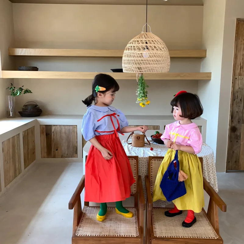 

MILANCEL 2021 Summer New Kids Suit Turn-over Collar Plaid Tops and Solid Cotton Skirt Korea Casual Girls 2Pcs Sets