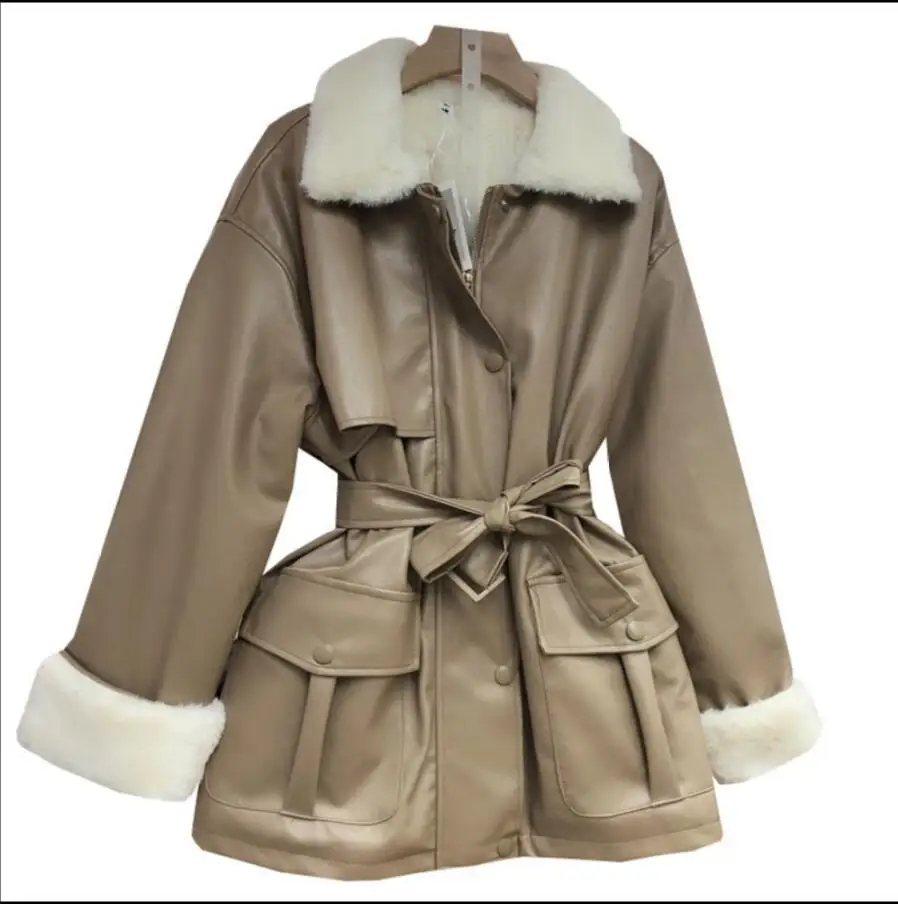 Женская куртка из ПУ кожи с поясом Bf Wind осенне зимнее пальто овечьей шерсти