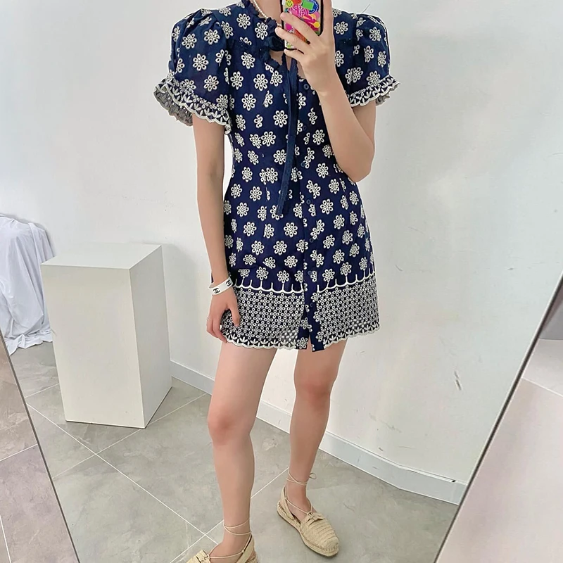 

Kimotimo Bodycon Dress 2021 Summer Korean Chic Retro Neckline Tie Design Slim High Waist Embroidery Jacquard Dresses Female