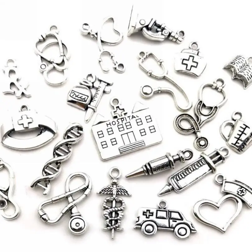 

20Pcs Medical Tool Stethoscope Syringe Charms DoctorAmbulance Needle Nurse Hat Pendant For Bracelet Necklace Jewelry Making