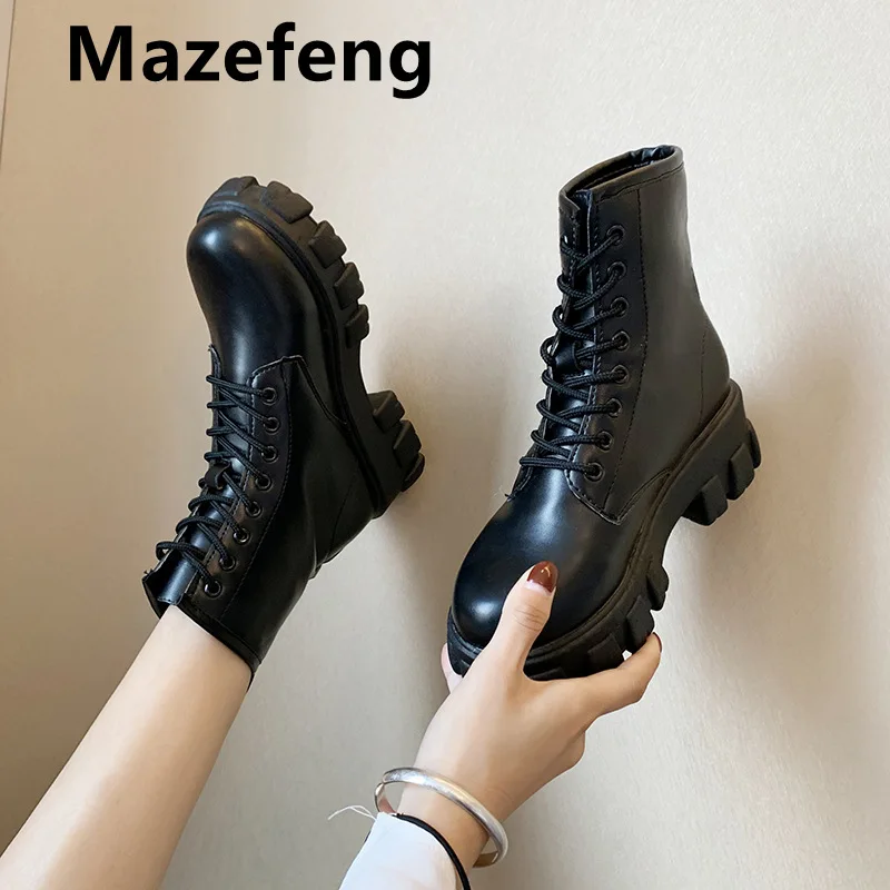 

Mazefeng Punk Style Platform Women Ankle Boots Women's Motorcycle Boot Fashion Ladies Chunky Shoes Metal Black BIG Size 35--40