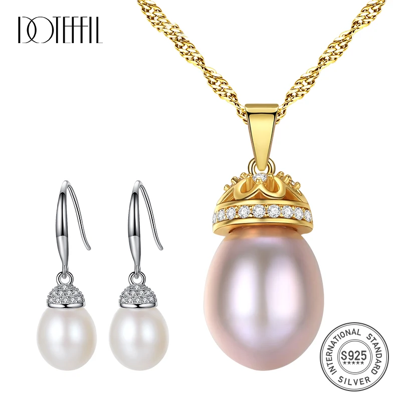 

DOTEFFIL 925 Sterling Silve Natural Freshwater 8mm Pearls AAA Zircon Earring/Necklace For Women Wedding Engagement Party Jewelry