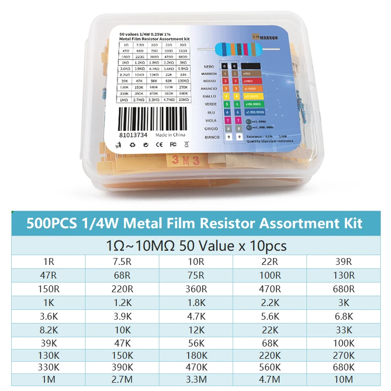 500pcs/lot 50 values 1/4W Resistors set Metal Film Resistor Assortment Kit 1ohm -10M ohm resistor diy electronic kit