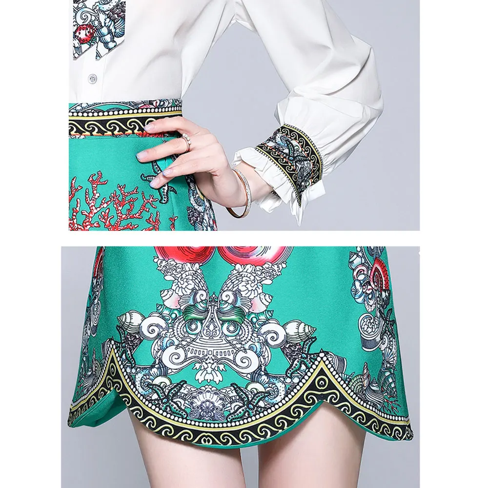 

2021 Office Lady Two Piece Sets Bow Stand Collar Lantern Long Sleeve Shirt and Mini Flower Printed Skirts Woman Outifts M63950