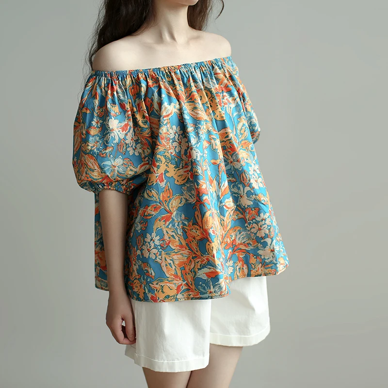 

Oil painting flower printed women T shirt Lantern sleeve Slash neck loose female tops elegant office ladies Baby shirt Japanese