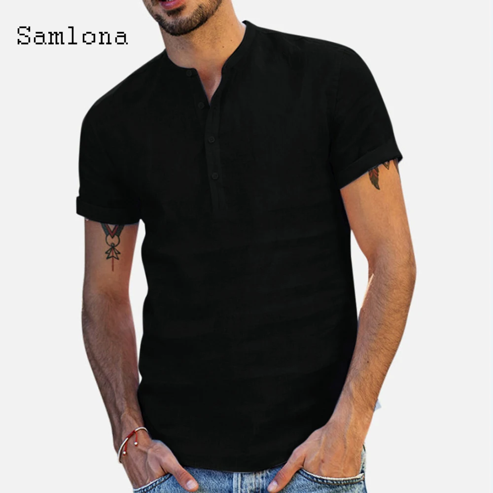 

Mens Fashion Shirt Basic Tops Short Sleeve Linen Blouses Sexy Men clothing 2021 New Summer Casual Pullovers Homme Ropa blusas