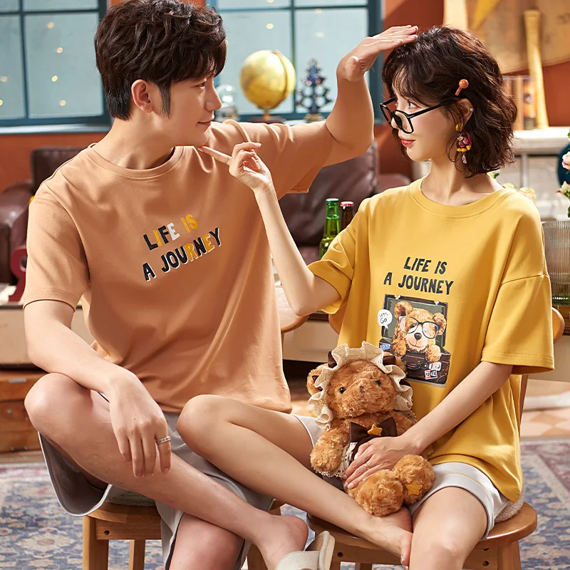 

2021 New Fashion Couple Pajamas Set Women Men Summer Nightwear Cotton Plus Size Cute Cartoon Yellow Short Sleeve Women Homewear