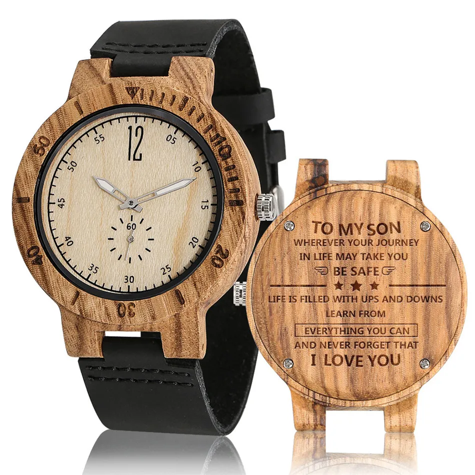 

Men Watches Quartz Genuine Leather Wristwatch To My Son Personalized Engraved Wood Watches Graduation/Birthday Gift Wooden Clock