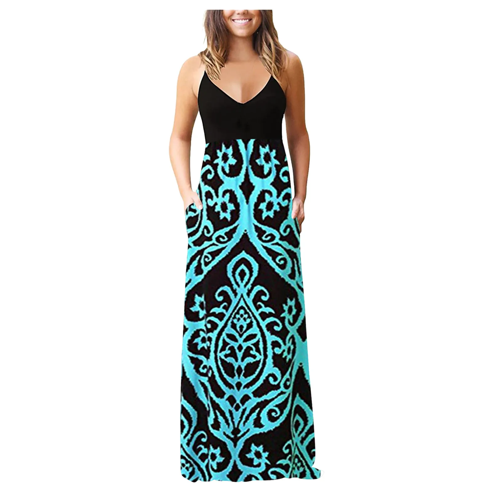 

Women Sleeveless Print V-neck Maxi Dress Summer Party Cami Dress With Pockets Vestidos De Mujer Casual Купальники Женские 2021