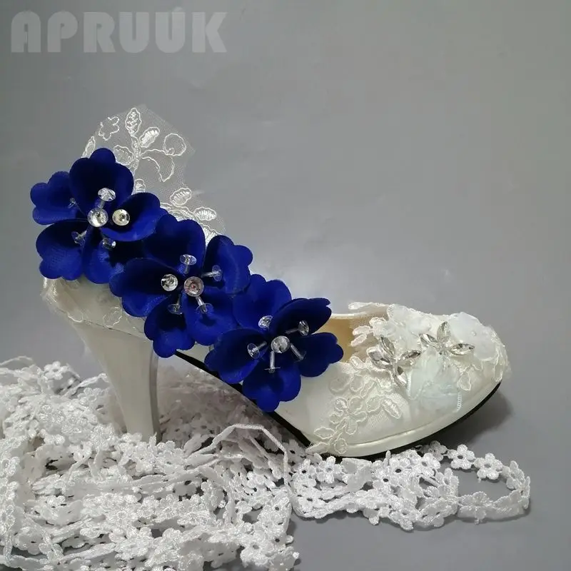 

Туфли-лодочки женские ручной работы, Роскошные, Королевский синий цвет, цветы, Свадебная обувь для вечеринки, кружево, кристаллы, большие ра...