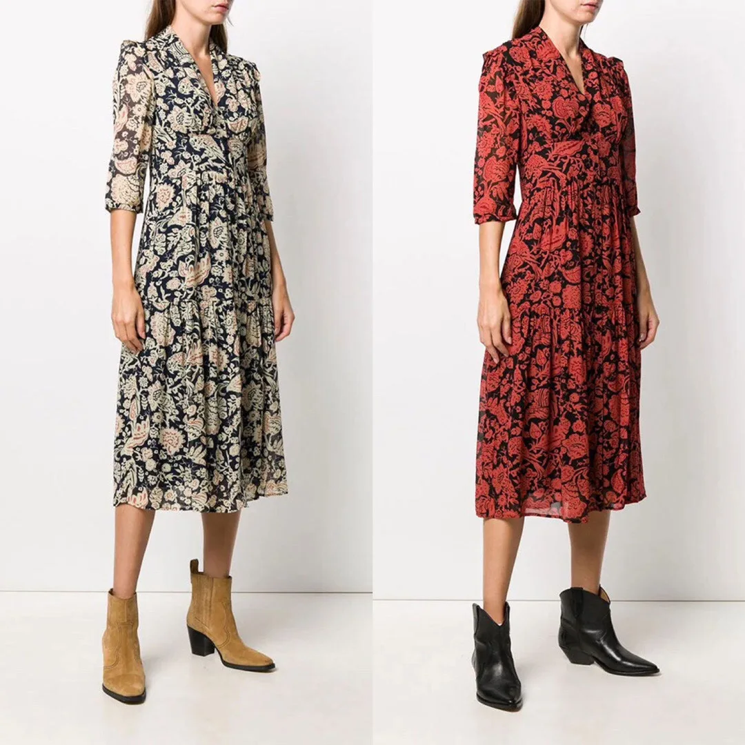 

Women Vintage Midi Dress Fashion Printed Half Sleeve Pleated Buttons Ladies 100% Viscose Long Robe Autumn 2021