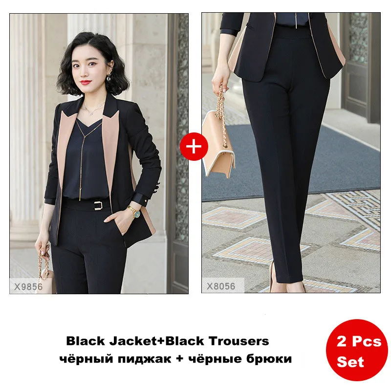 black jacket trouser Женские брюки, костюм, комплект, осень, новая мода, длинный рукав, Лоскутная куртка, длинные брюки, для работы, для женщин, офисный костюм, ow0524 - Цвет: black jacket trouser