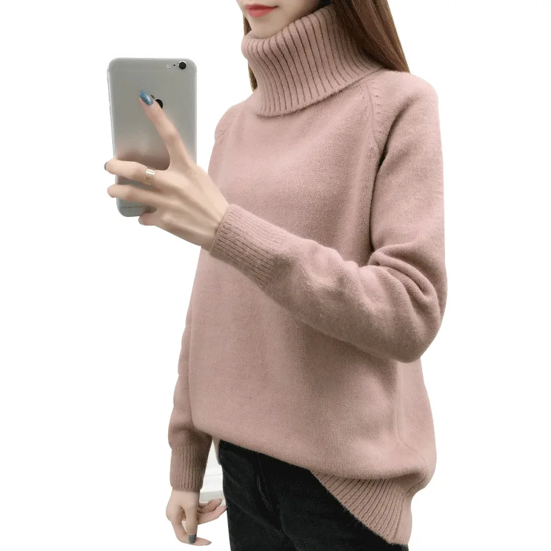 High collar sweater female 2019 winter new loose hooded solid color thick knit bottoming shirt | Женская одежда